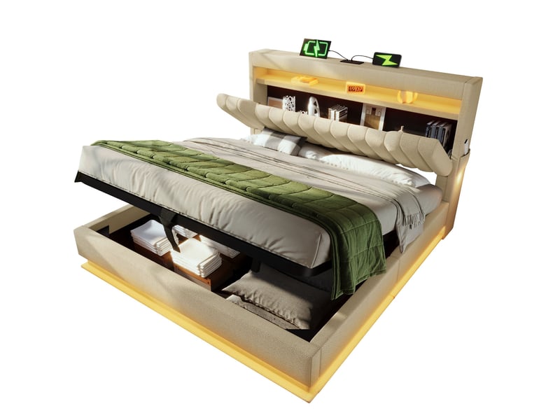  Lit coffre 180x200 cm rembourré, tête de lit avec rangement, led, usb et type-c, rangement hydraulique, lin beige  - Conforama A