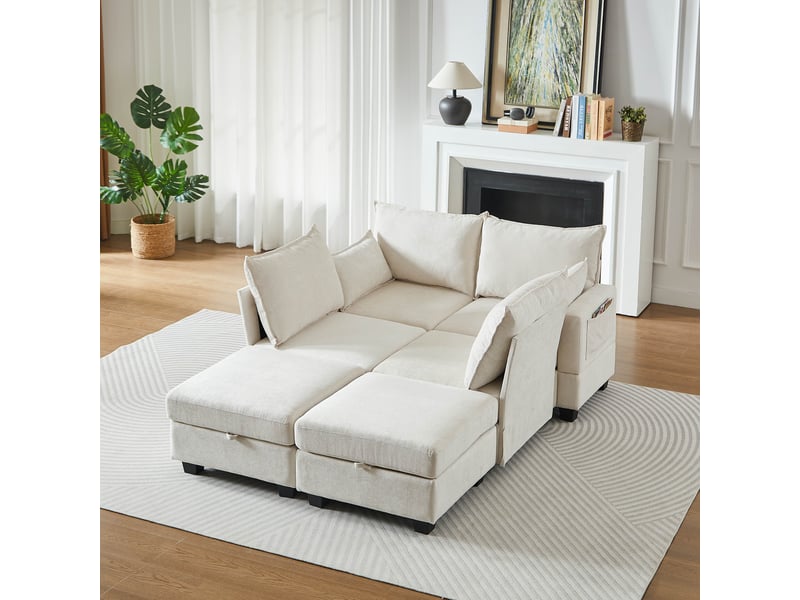 Canapé d'angle modulable ul 6 places en chenille avec pouf coffre, rangements sous chaque assise, convertible en lit, méridienne modulable - Conforama C