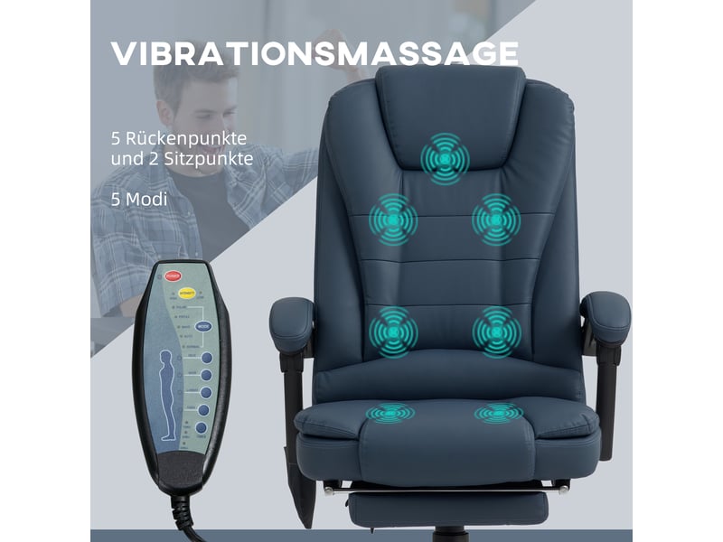  Fauteuil de bureau massant, 7 points de vibration, repose-pieds et dossier réglables, supporte jusqu'à 120 kg, aspect cuir, bleu  - Conforama E
