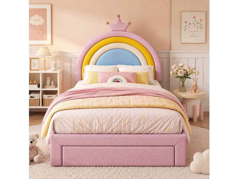  Lit avec rangement enfant 90x200 cm rose avec tête de lit réglable et tiroir de rangement  - Conforama E