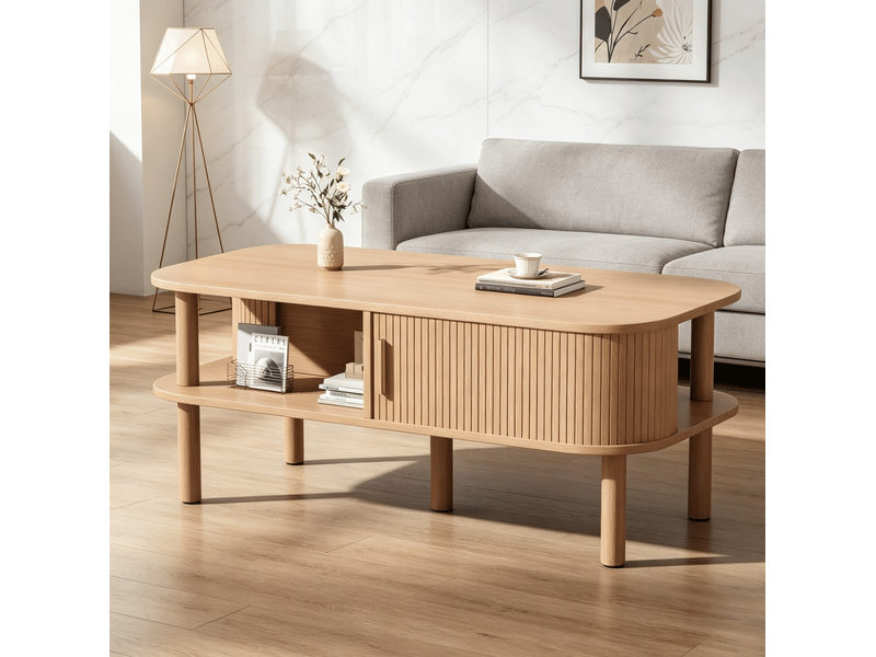  Table basse avec porte coulissante, niche ouverte et rangement fermé, style scandinave, salon, mdf, bois naturel, 110 × 55 × 45 cm  - Conforama B