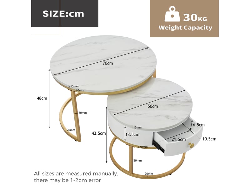  Ensemble de 2 tables basses gigognes modernes, finition brillante, motif marbre. Tables basses rondes gigognes.  - Conforama C