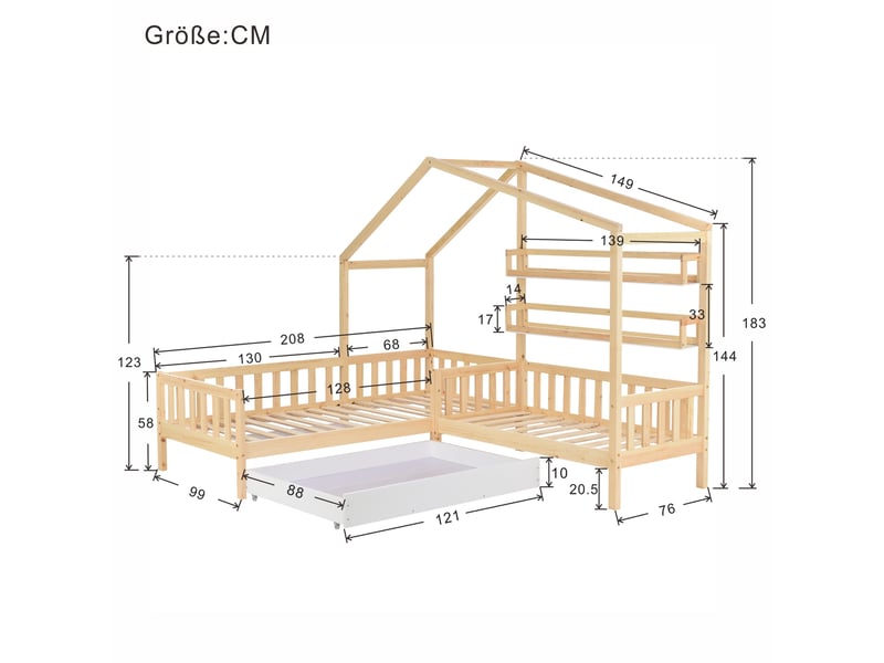 Lit cabane enfant en l avec tiroir et étagères naturel 90 x 200 cm + 140 x 70 cm - Conforama E