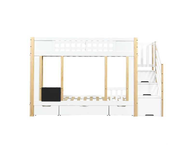  Lit superposé 90x200 cm, lit enfant avec escalier de rangement, 3 tiroirs sur roulettes et petit tableau noir, en bois de pin massif et mdf, blanc  - Conforama D