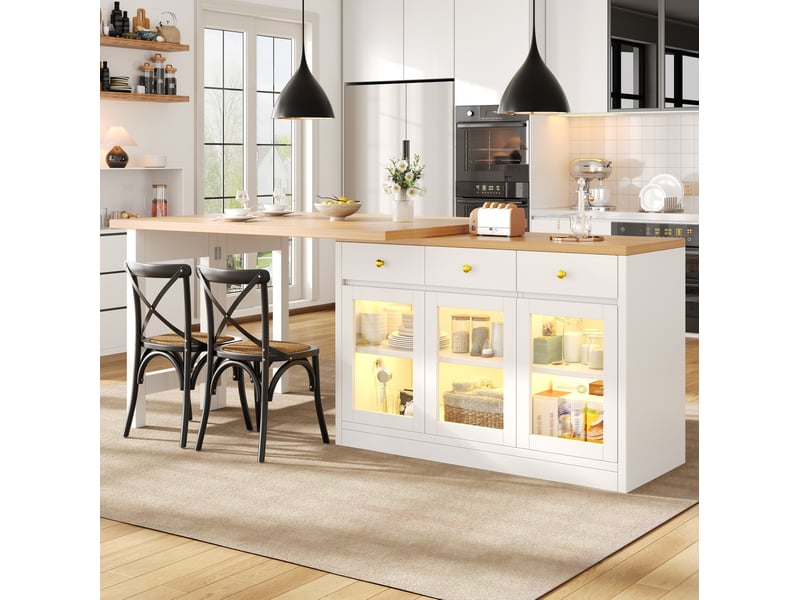  Îlot de cuisine extensible 120-200x40x75,5 cm, led, 3 tiroirs, 3 portes vitrées, desserte, mdf et métal, couleur blanc  - Conforama D