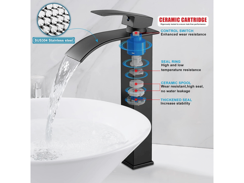 Robinet de lavabo de salle de bain cascade, robinet cascade à bec courbé, robinet de lavabo, robinet de salle de bain, noir - Conforama C