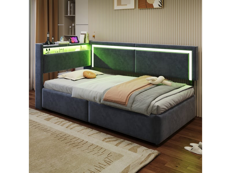  Canapé-lit rembourré 90x200 cm avec led et port usb, lit simple avec tête de lit en velours, gris foncé, lit enfant à vérin  - Conforama D