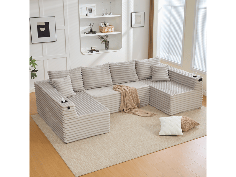  Canapé d'angle panoramique fixe 6 places tissu gris clair canapé compressible - Conforama E