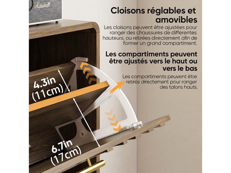  Meuble à chaussures 80x24x95 cm, 2 abattants, niches ouvertes, rangement réglable, grand rangement pour entrée et couloir - noyer  - Conforama D