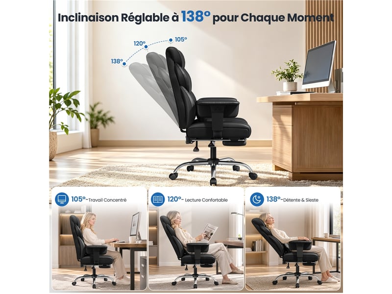 Fauteuil de direction ergonomique à dossier haut avec repose-pieds et accoudoirs réglables 616443 Black - Conforama D