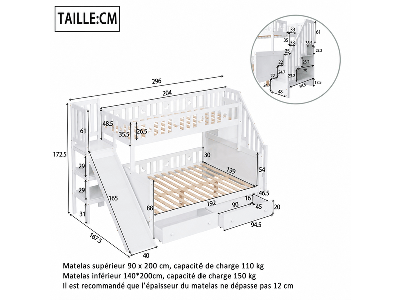 Lit superposé en bois, lit 3 places avec toboggan, échelle et 2 tiroirs, 200x90 et 200x140 cm, sans matelas - Conforama D