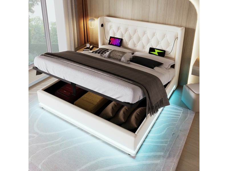 Lit adulte 160x200cm, lit double, lit coffre avec led, usb, type c, tête de lit et sommier, rangement, pu blanc, sans matelas - Conforama C