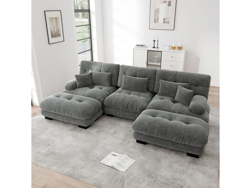  Canapé d'angle, canapé convertible – forme u, avec pouf, en chenille, gris, style cloud, assise profonde  - Conforama A