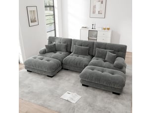 Canapé panoramique, transformable en lit, avec pouf, assise extra profonde, en tissu chenille, coloris gris, l313 x p145 x h81 cm