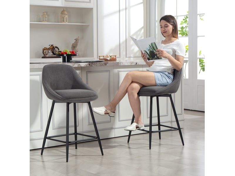  Tabouret de bar pivotant lot de 2 avec dossier et accoudoirs, en tissu côtelé polyester gris  - Conforama C
