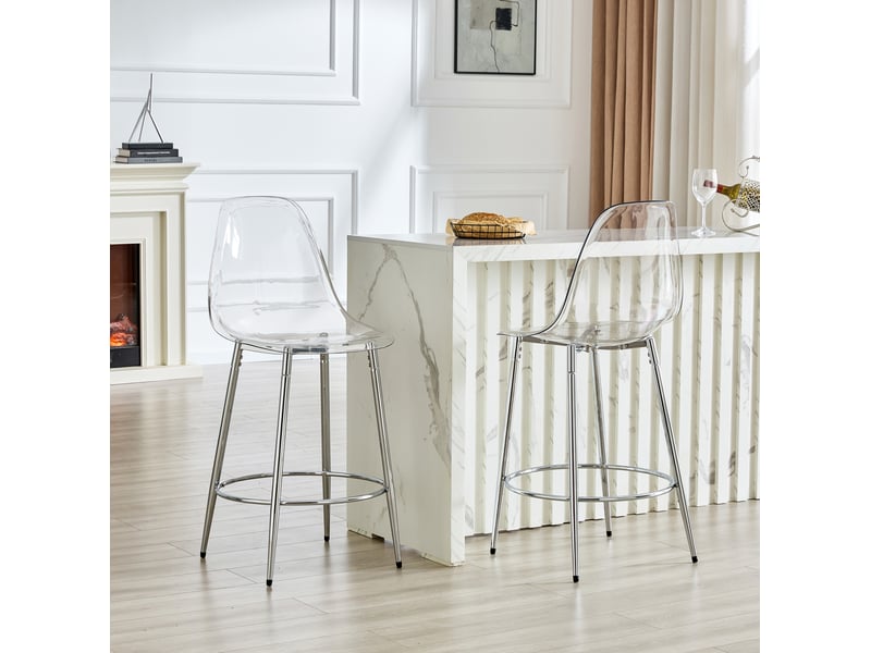 Tabouret de bar lot de 2 transparent avec dossier et repose-pieds, en métal et plastique argenté, 102 cm  - Conforama B