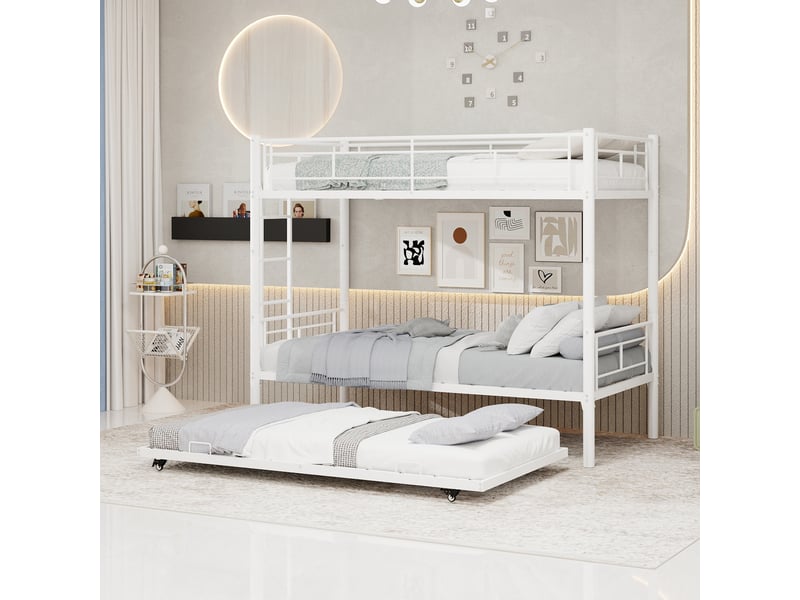 Lit superposé 90 × 190 cm, lit gigogne amovible, séparable en lits simples, barrières et échelle, en métal blanc - Conforama D