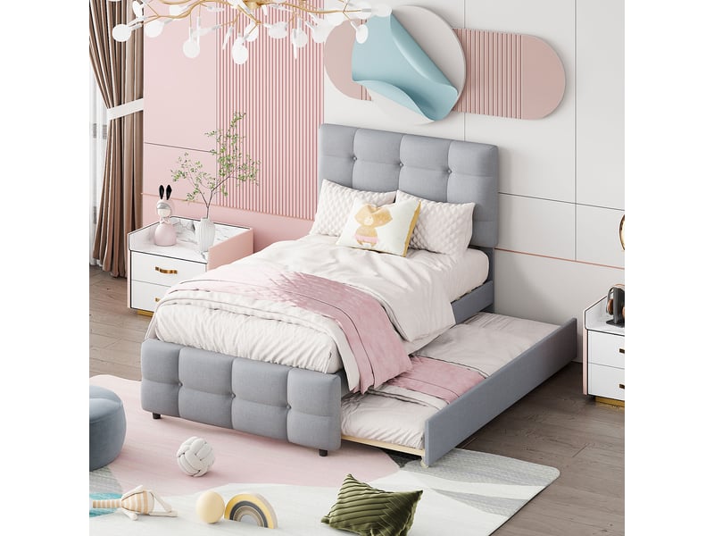 Lit gigogne 90x200 cm, tête de lit réglable et capitonné, avec lattes, en tissu, gris, sans matelas - Conforama B