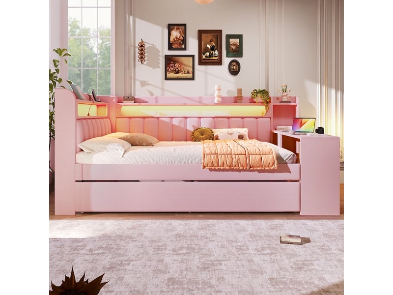  Lit banquette 140x200 avec bureau intégré, port usb et lit gigogne 90x190, rose  - Conforama C