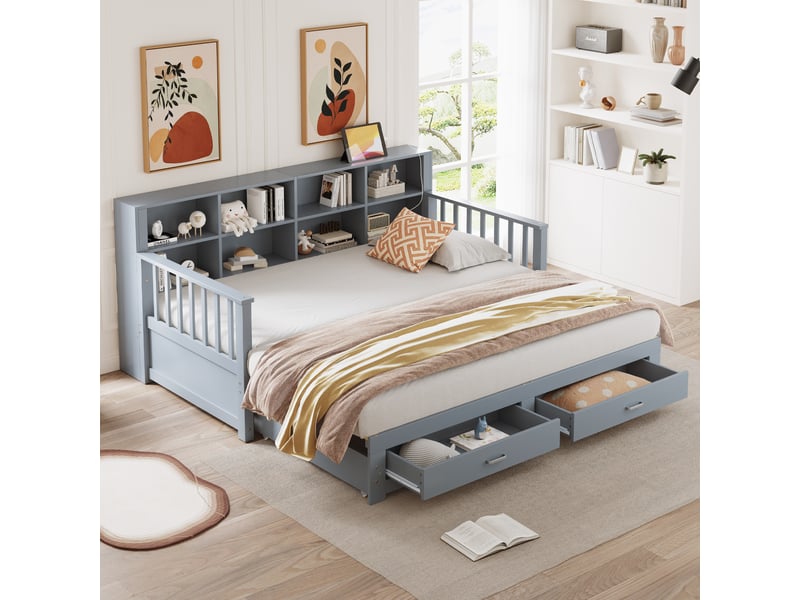  Canapé-lit extensible 90/180x190 cm avec rangements, prise et 2 tiroirs, pin gris, sans matelas  - Conforama B