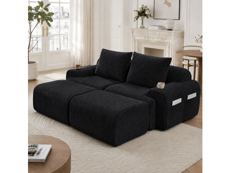  Canapé modulaire 2 places 200x174x80 cm avec 2 poufs, porte-gobelet et poche noir  - Conforama C