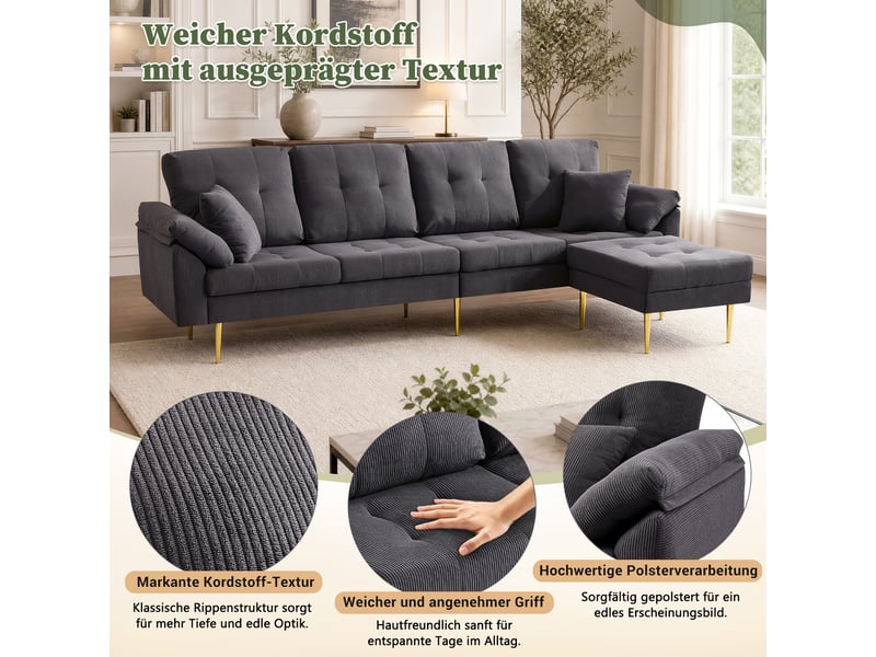  Canapé d'angle 4 places en tissu cordon avec pouf flexible, convertible en l, coussins épais moelleux, pieds en fer 20 cm, 250 cm, pour salon  - Conforama D