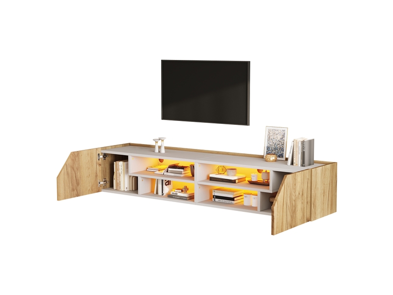 Meuble tv mural 180x36,5x40 cm avec led rgb, blanc et finition bois naturel - Conforama A