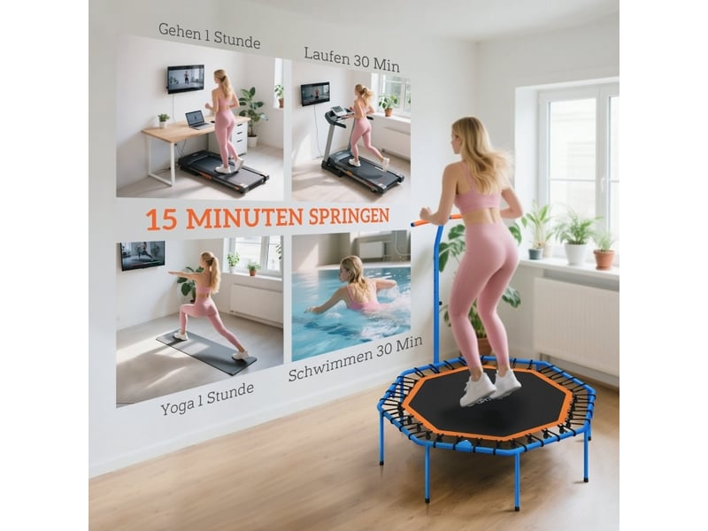  Trampoline de fitness pliable 128 x 120 cm – bleu – guidon réglable sur 5 hauteurs, usage intérieur  - Conforama D