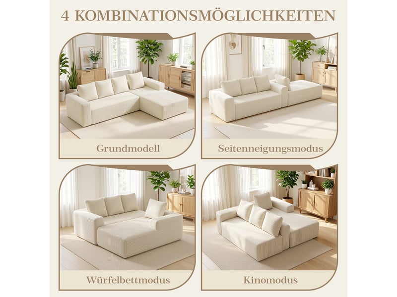  Canapé modulable 5 places d'angle en l 261cm,porte-gobelets,méridienne à gauche,velours côtelé,beige  - Conforama D