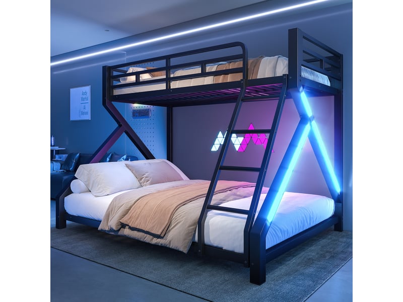 Lit superposé 2 couchages 90x200 et 140x200 cm noir en métal, led, garde-corps, échelle intégrée, dimensions 204x147x146 cm et charge 120 kg - Conforama B