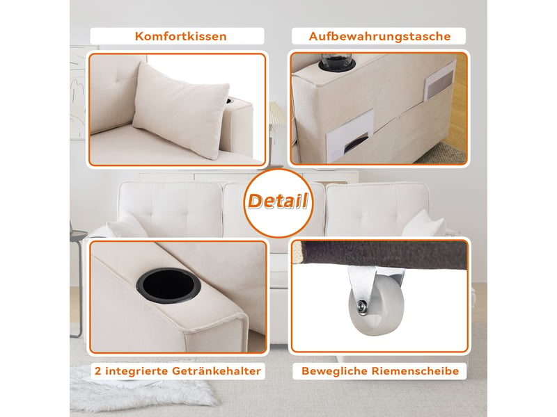  Canapé convertible 3 places beige en tissu aspect lin avec coffre et méridienne réversible  - Conforama E