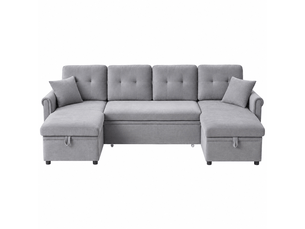 Canapé d’angle u convertible gris en chenille, fonction lit, coffre de rangement