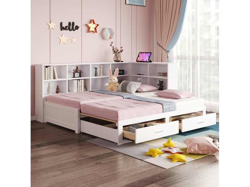  Modenvie lit gigogne 90180x190 cm - avec rangement et prises multifonctions, sommier inclus - blanc  - Conforama E
