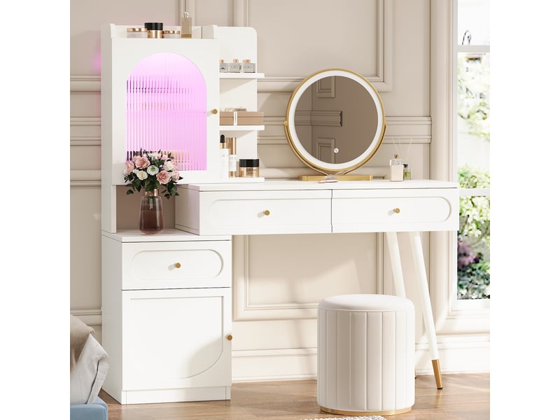  Coiffeuse blanche avec miroir lumineux led, plateau extensible, 3 tiroirs et rangements vitrés, 121,5 x 40 x 135,2 cm  - Conforama B