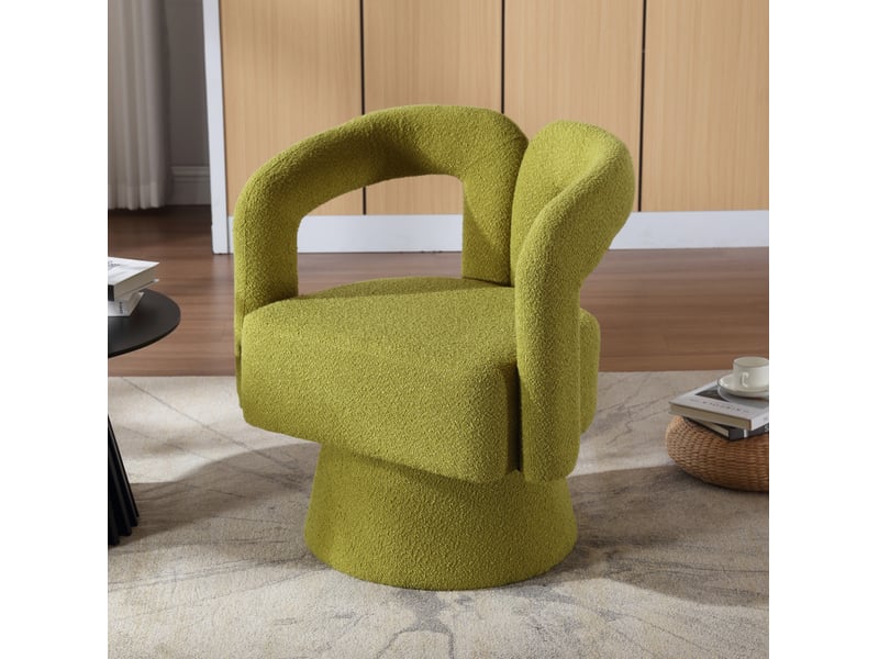 Fauteuil d’appoint pivotant 360° en tissu bouclette vert olive, style design pour salon et bureau - Conforama B