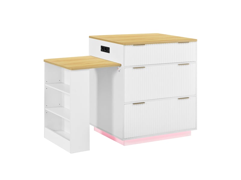  Îlot de cuisine mobile blanc, table extensible, led, prises, tiroirs, étagères  - Conforama D