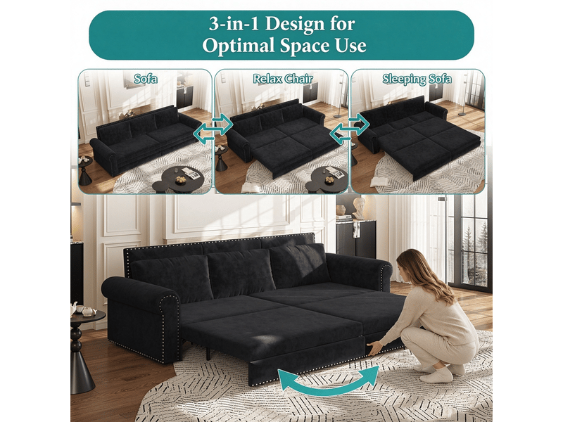  Canapé 3 places convertible en velours, 238 cm, noir, mécanisme coulissant 3-en-1, dossier réglable, accoudoirs roulés, montage requis  - Conforama E