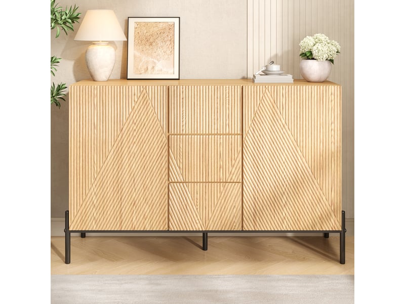  Buffet moderne en bois naturel 115cm, meuble de rangement avec 2 portes et tiroir, pieds métal  - Conforama D