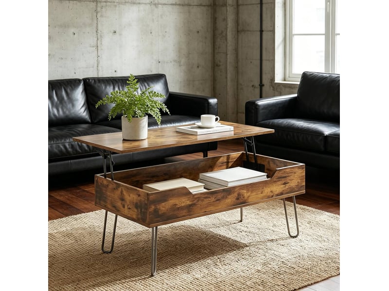  Table basse rectangulaire relevable avec rangement caché, marron rustique et noir  - Conforama D