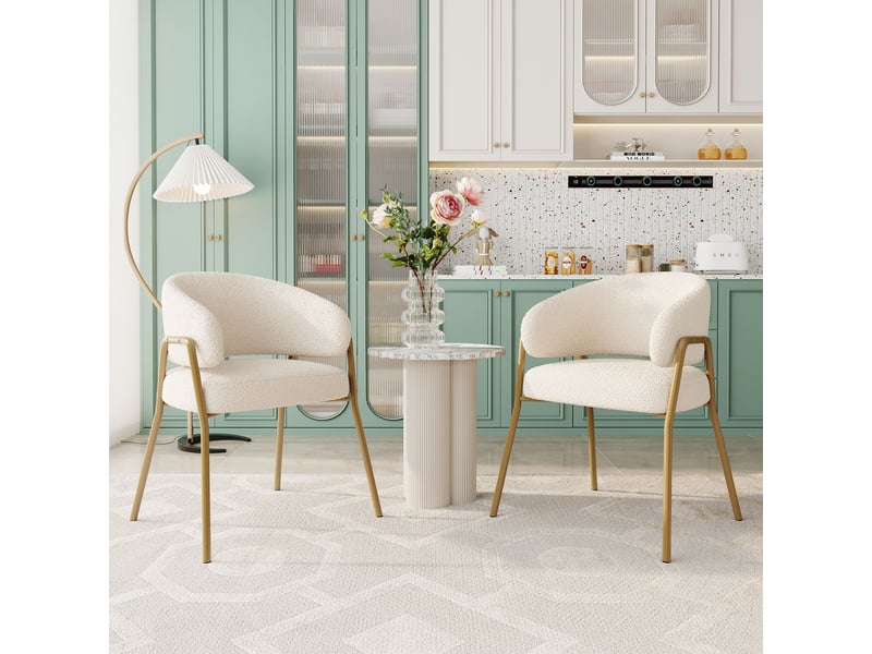  Chaise de salle à manger en tissu effet peau de mouton avec assise rembourrée, dossier ajouré et pieds en fer doré, blanc  - Conforama B