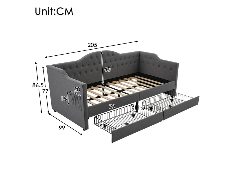  Lit banquette 90x190 cm gris en lin avec 2 tiroirs, usb et usb-c  - Conforama E