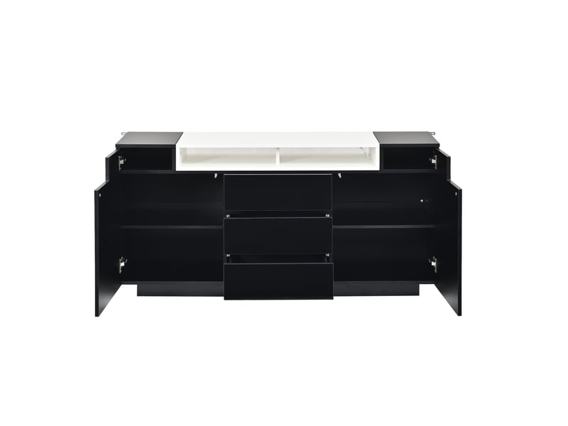  Buffet noir brillant 140 cm avec led - 2 portes 3 tiroirs - meuble salon de rangement  - Conforama R