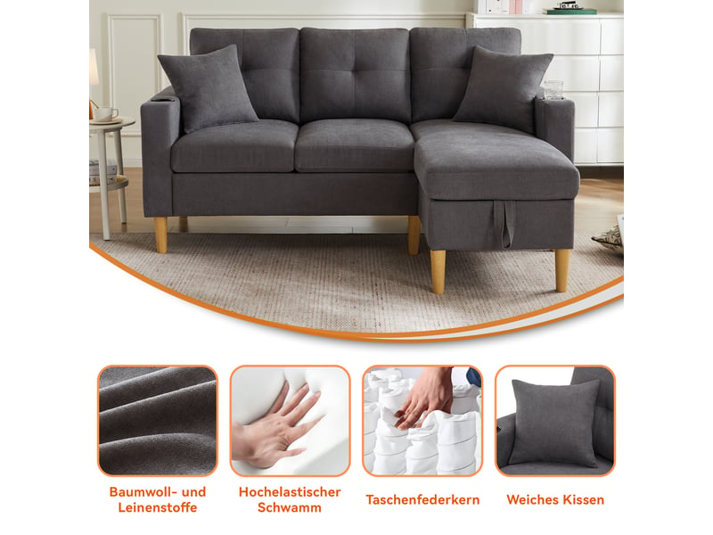  Canapé d'angle 3 places en tissu effet lin gris foncé avec chaiselongue et rangement intégré  - Conforama D