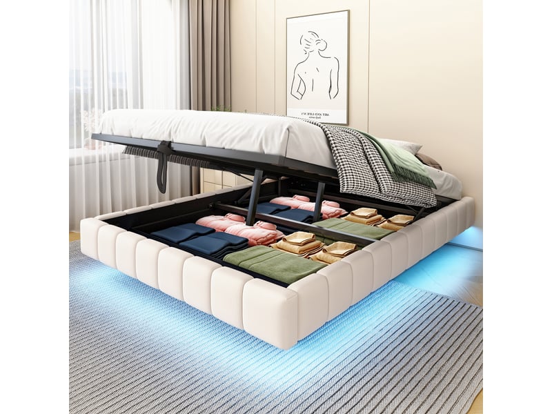 Lit coffre 140 x 200 cm, lit double flottant avec rangement hydraulique et éclairage led, sans tête de lit, revêtement en lin, beige  - Conforama B