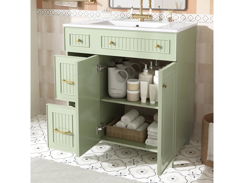  Meuble vasque salle de bain sur pied 81,7 cm avec rangement, vasque céramique et finition laquée  - Conforama B