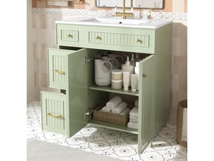 Meuble vasque salle de bain sur pied 81,7 cm avec rangement, vasque céramique et finition laquée