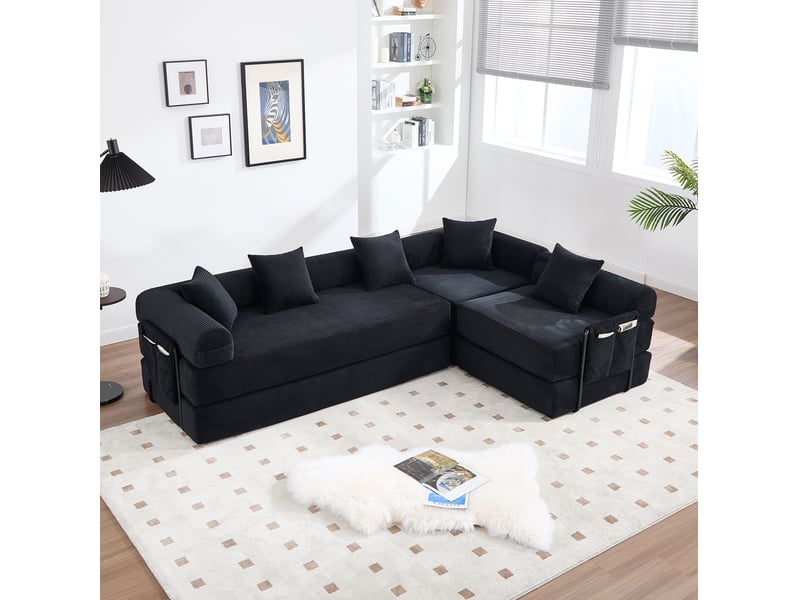  Canapé modulaire 4 places avec chaise longue, poches latérales et modules combinables en velours côtelé noir  - Conforama A