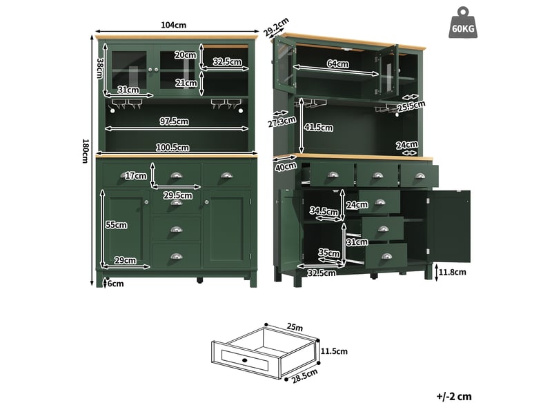  Buffet haut modenvie style campagne 104 x 40 x 180 cm 4 portes led mdf vert et blanc  - Conforama C