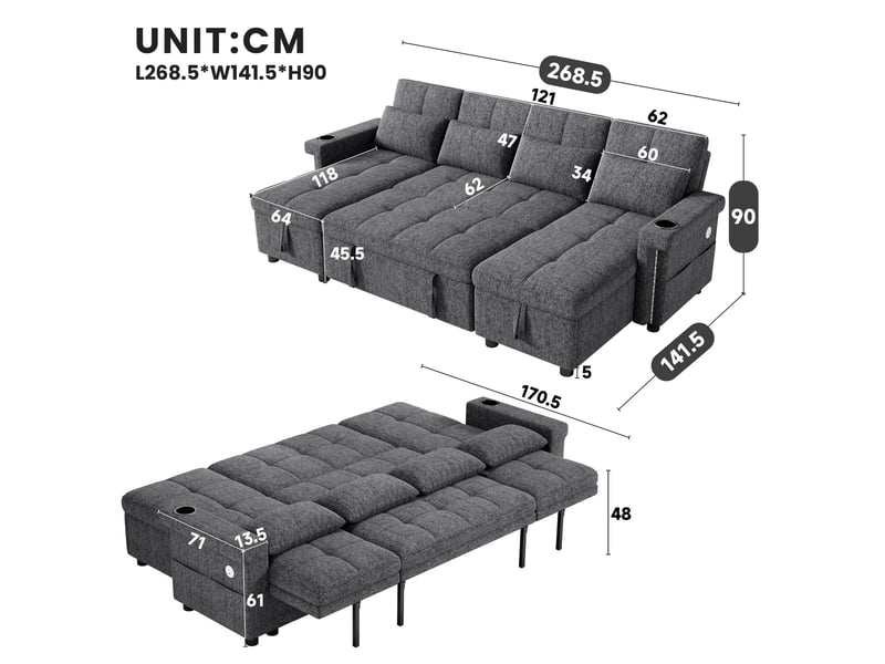 Canapé panoramique en u convertible avec coffres, led, usb-c, dossier réglable et chenille gris 268,5 × 141,5 × 90 cm - Conforama D
