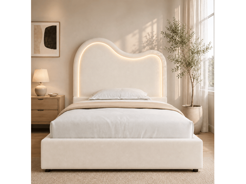  Lit enfant 90 × 200 cm avec coffre hydraulique, éclairage led réglable, tête de lit en velours, sans matelas beige  - Conforama C